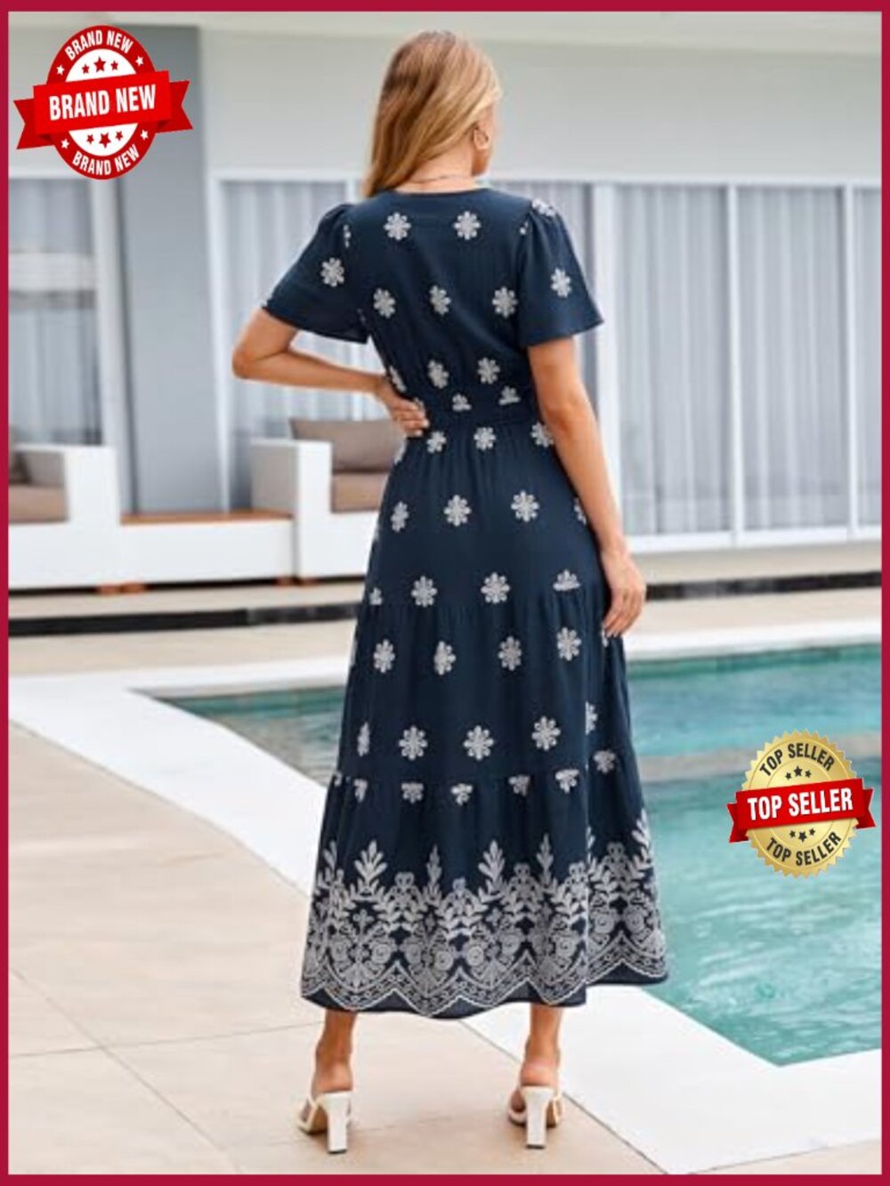 Boho Floral Maxi Dress V-Neck Short Sleeve Tiered Flowy Wedding Guest - Picture 5 of 7
